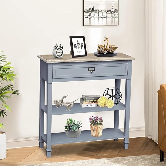 MOTION Entryway Table - Console Table with Drawer Wood & 2 Storage Shelf Narrow Eryway Table for Bedroom Living Room Hallway, Grey