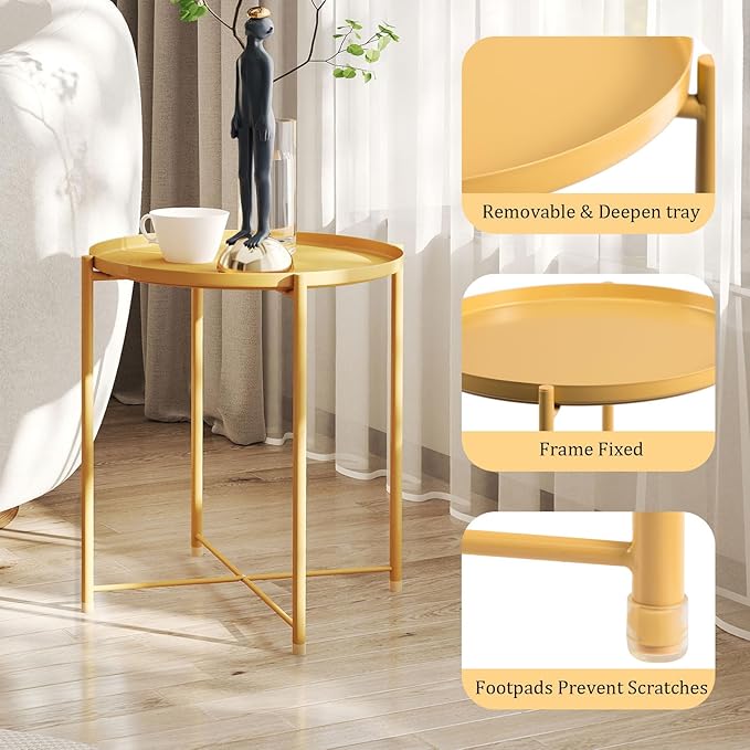 HollyHOME Round Metal Side Table, Outdoor Small Folding Accent Stand with Removable Tray, 17.72'' Portable End Table for Balconies, Gardens, Living Rooms and Bedrooms, Yellow