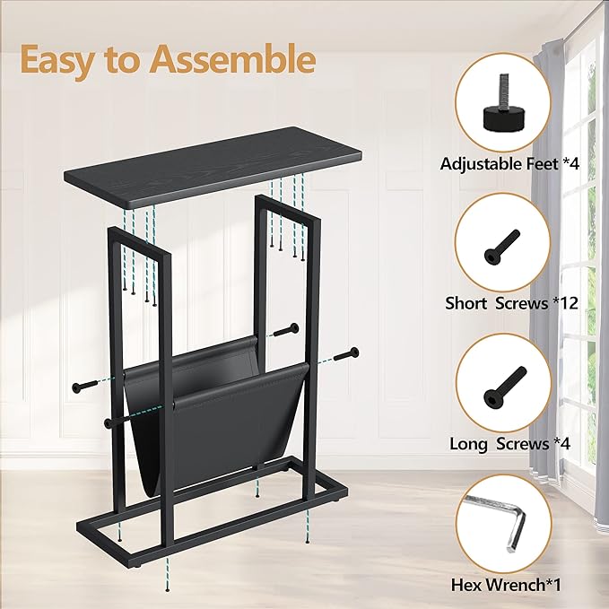 Yusong Small Narrow Side Table for Small Spaces, 17.7" W Slim End Table Nightstand with Storage Holder, Accent Skinny Snack Couch Bedside Table, Black Oak, Complete Iron Pipes