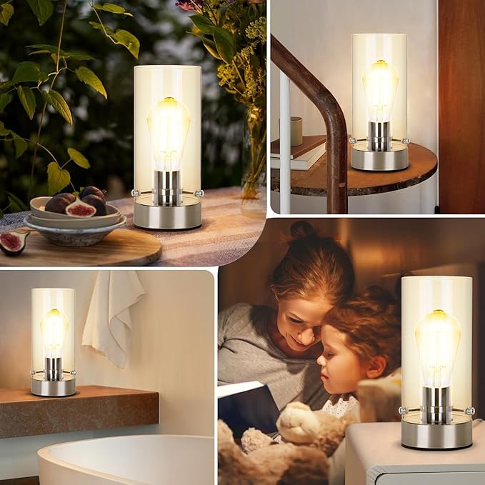 Bedside Table Lamp for Bedroom Living Room, Modern Nightstand Lamp with Glass Lamp Shape, 2700K 6W Glass Bulb Included(Nickel).