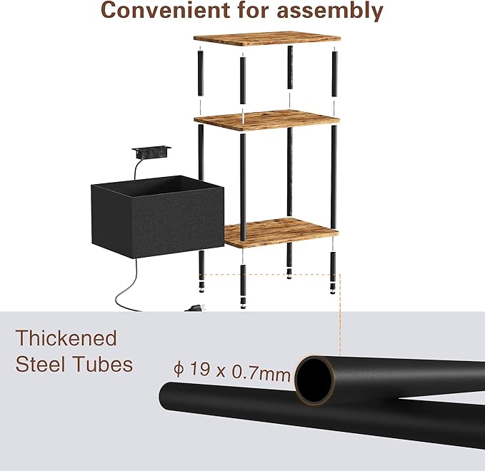 Small Side Table with Charging Station, End Table for Small Spaces, Slim Nightstand with Outlet,Sofa Beside Table, 3-Tier Storage Shelf,Living Room, Bed Room, Rustic Brown
