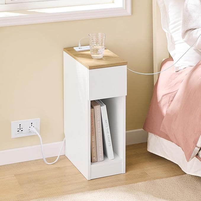 SoBuy Narrow Nightstand with Charging Station, Slim Bedside Table with Drawers, USB & Type-C Ports for Dorm Bedroom and Living Room, White, FBT111-E-WN