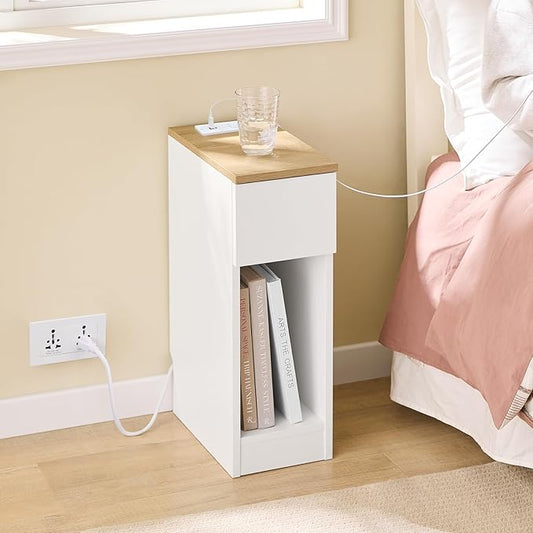 SoBuy Narrow Nightstand with Charging Station, Slim Bedside Table with Drawers, USB & Type-C Ports for Dorm Bedroom and Living Room, White, FBT111-E-WN
