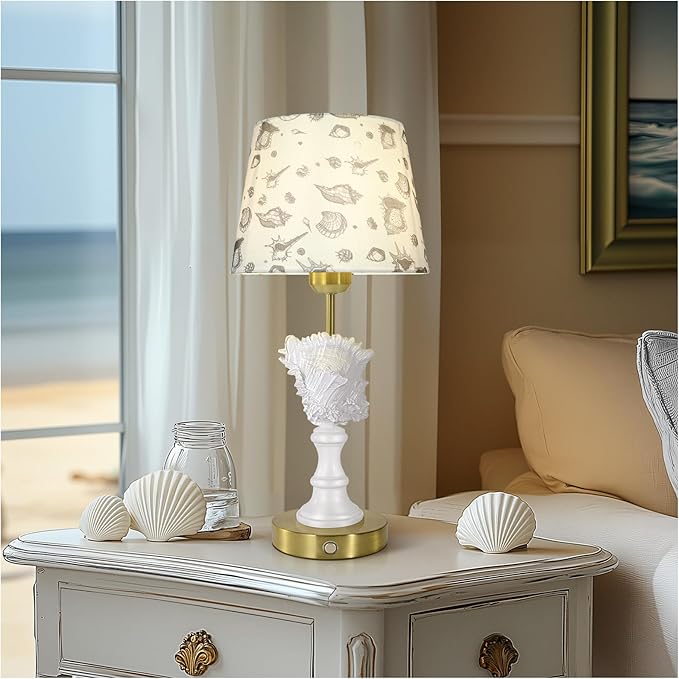 Conch Shell Rechargeable Lamp, Cordless Lamps, 4400mAh Battery Powered Lights, Night Light, Linen Shade, Touch Switch,Wireless Lamp for Nightstand, Home, Office, Room Decor(Bulb Included)