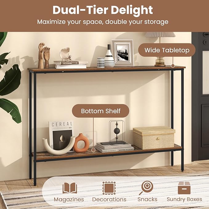 Giantex 2-Tier Console Table with Shelf, 44" Narrow Entryway Table w/Dual Anti-Tipping Kits & Metal Frame, Long Sofa Table, Slim Hallway Table for Living Room, Entrance, Corridor, Foyer