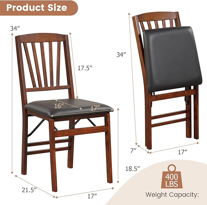 Folding Chairs Set 4, Wooden Foldable No Assembly Chair-Set with Padded Seats, Solid Wood Frame, 400 lbs Weight Capacity, Space Saving Dining Chairs for Small Space, Guests Kitchen (4, Slatted Back)