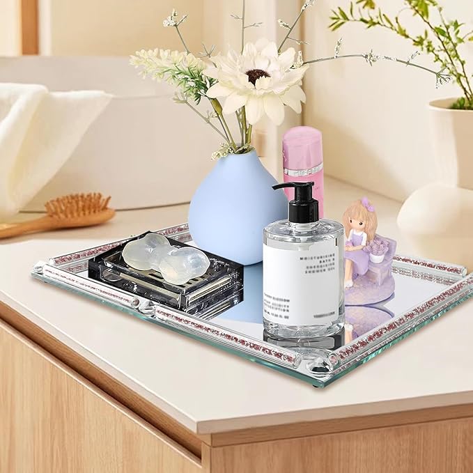 Large Mirror Perfume Tray for Dresser,Pink Crushed Diamond Filled Glass Vanity Tray,Decorative Bathroom Tray,Crystal Tray for Home Decorative,Party,Hotel Banquet,15.7x11.8x1.4inch,Pink