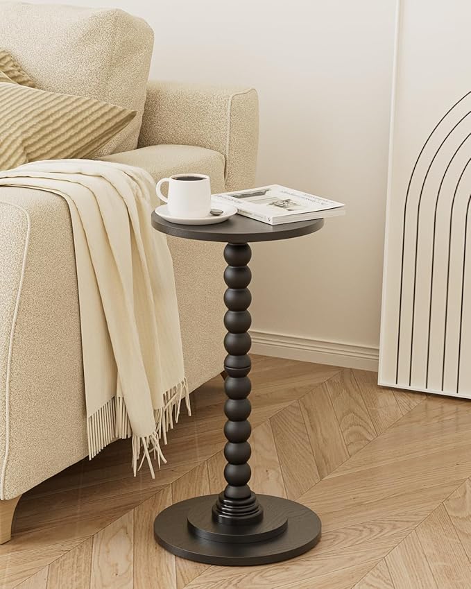 Masupu Round Side Table, Small End Table for Small Spaces, Pedestal Drink Table with Solid Wood Leg for Living Room, Bedroom, Corners(Black)