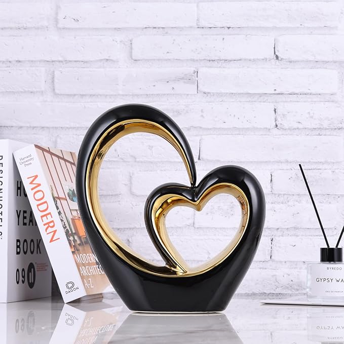 LCCCK Porcelain Double Heart Decor,Black and Gold Sculpture Home Decor for Living Room Entryway Coffee Dining Table Shelves, Wedding Anniversary, Valentine's Gift for Couples & Lovers Modern