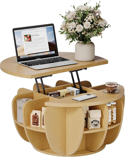 32.7" Lift Top Coffee Table with Storage, Wood Round Center Table with Hidden Storage Compartment & Shelves, Mid Century Modern Coffee Tables for Living Room Rustic Accent Small Center Table Natural