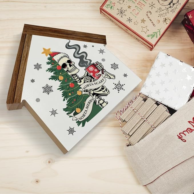 Funny Christmas Skeleton Coffee Bar Decor Sorta Merry Sorta Scary Skull House Shaped Wood Block Sign Xmas Holiday Kitchen Coffee Hot Cocoa Bar Decorations for Desk Table Shelf