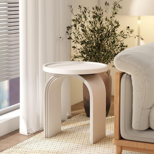 VESCASA 17.75" W Round Sofa Side Table, Modern Nightstand with Arched Wooden Legs, Small Accent End Table for Living Room, Bedroom, White