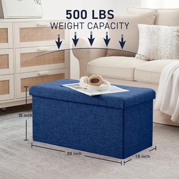 Ornavo Home Foldable Tufted Linen Large Storage Ottoman Bench Foot Rest Stool/Seat - 15" x 30" x 15" (Navy)
