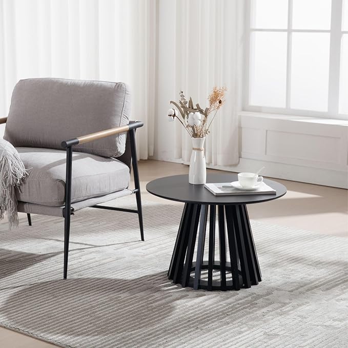 LukeAlon 24" Round Coffee Table, Mid Century Modern Wooden Center Table with Columnar Wood Strips Base Sofa Side Table Circle Tables for Living Room Small Space, Black