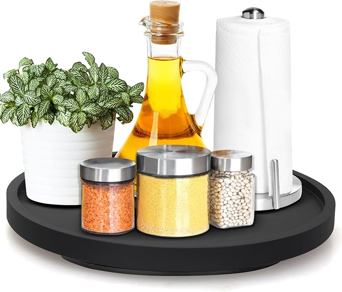 12" Black Wood Lazy Susan Cabinet Turntable Round Bathroom Vanity Organizer Tray Decorative Wooden Lazy Susans for Dining Table Top Kitchen Sink Countertop Large Lazy Susan Rotating Tray Spice Rack