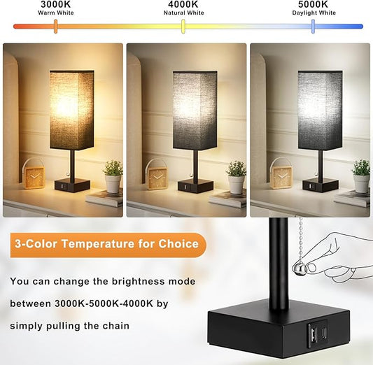 Bedside Table Lamps Set of 2 - Black Bedroom Lamps with 3 Color Temperatures (3000K/5000K/4000K), Two Square Nightstand Lamps with USB C + A Charging Ports, Pull Chain Small Night Light for End Table