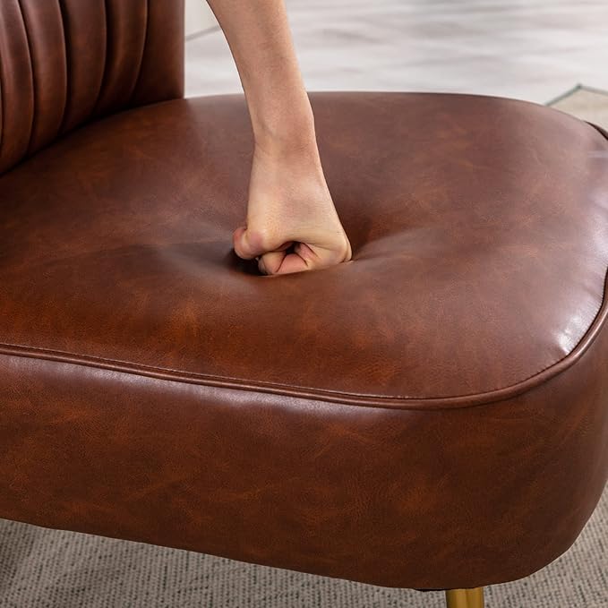 PU Leather Accent Chair Set of 2 - Comfy Armless Slipper Mid Century Side Chair With Golden Legs - Wingback Single Sofa for Living Room, Bedroom, Guest Room - Brown