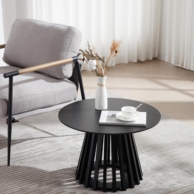 Round Coffee Table, Modern Small Side Table for Living Room, Black, 24Inch