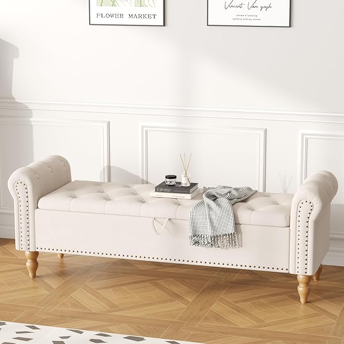 Furniliving 63” End of Bed Bench, Bedroom Bench with Button-Tufted, Large Upholstered Storage Ottoman Benches Entryway Bench with Storage Shoe Cabinet Bench, for Bedroom, Living Room, Linen, Beige