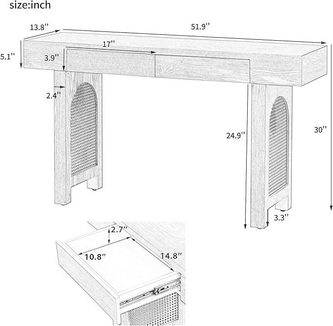 51.9" Narrow Console Table for Entryway, with Storage Drawers, Natural Wood Finish Table Rattan Accent, Stylish Rustic Sofa Table for Living Room and Hallway (Natural Wood)