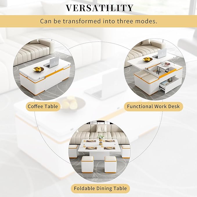Lift Top Coffee Table with 4 Storage Stools and Foldable Top, Modern 47.2'' Rectangular Multi-Functional Adjustable Dining Table Task Table with Hidden Compartment for Living Room, White