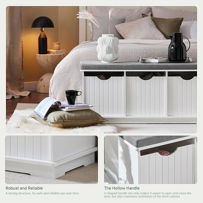 Haotian White Storage Bench with Drawers & Padded Seat Cushion, Hallway Shoe Cabinet Shoe Bench, FSR30-W