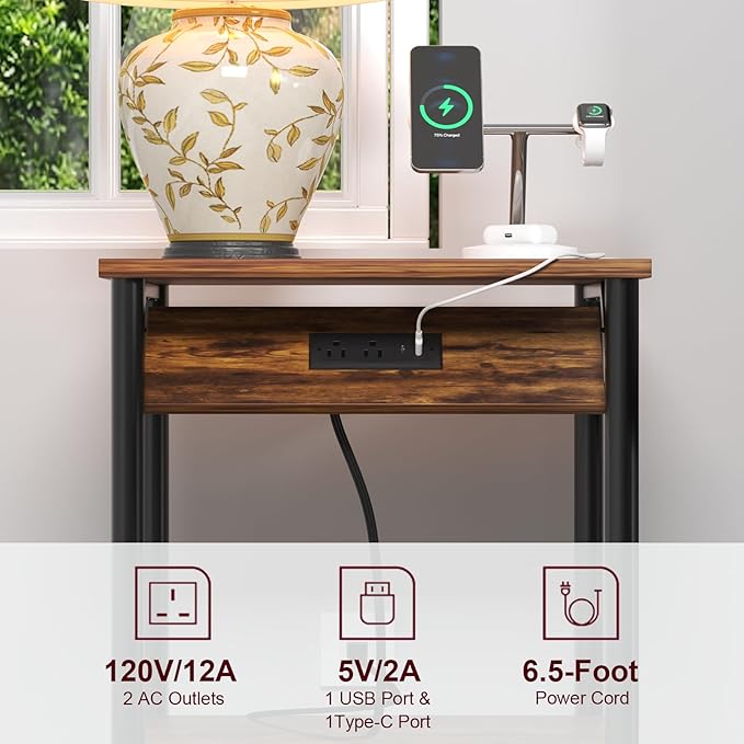 Night Stands Set of 2, Small End Tables with Charging Station, Small Side Tables for Living Room, Bedside Tables with 2-Tier Storage Shelf, Nightstand with Outlets and USB Ports, Rustic Brown/Black