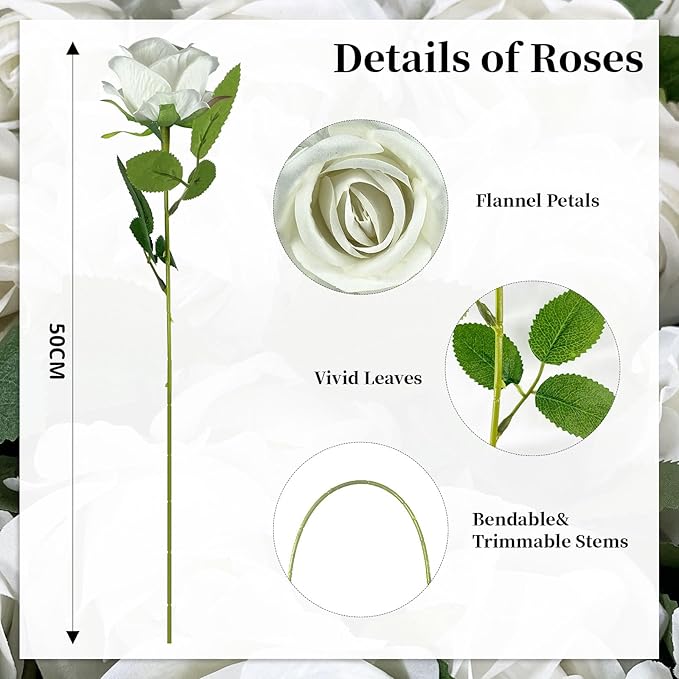 10 PCS Artificial Roses with Long Stems Silk Flowers Realistic Foam Flowers Fake Roses for Valentine's Day Home Wedding Halloween Decor(White)