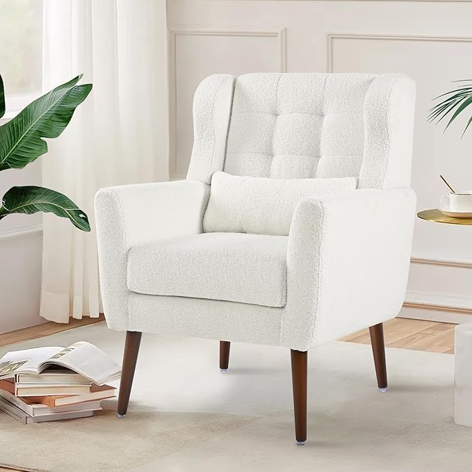 Modern Accent Chair, Upholstered Arm Chair with Waist Pillow, Single Sofa Chair for Living Room Bedroom Small Spaces (White)