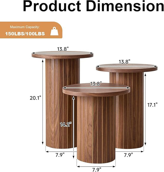 3-Piece Nesting Coffee Table Set, Modern Small Round Wood Side Tables, Fluted Drum Base, for Living Room Bedroom Apartment Small Space, Brown