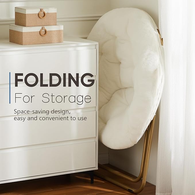 DUMOS Comfy Saucer Chairs Cozy Faux Fur Soft Lounge Cute Folding Bedroom Living Room Seat Flexible Reading Foldable Seating for Kids Adults Thick Padded Metal Frame Modern for Home Office White