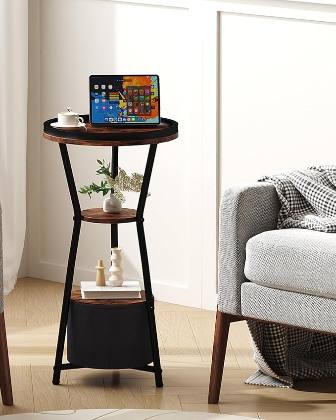 Yusong Round Side Table, Small Drink Table for Small Spaces, 3-Tier Industrial End Table, Accent Nightstand Bedside Table for Living Room, Bedroom, Sofa Couch, Rustic Brown