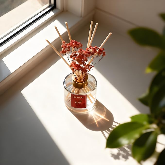 Reed Diffuser Set - 3.38 fl oz （100ml） Rose Home Fragrance Reed Diffuser for Bathroom Shelf Decor 6 Reed Stick