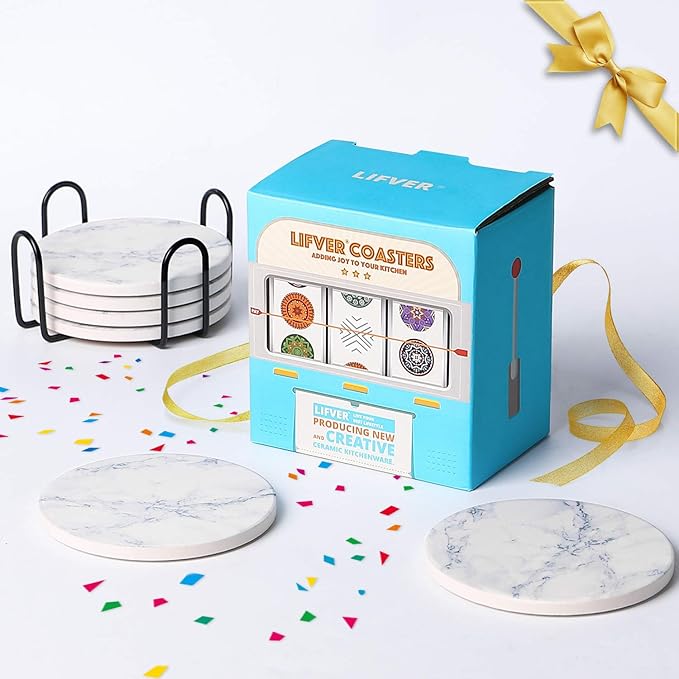 LIFVER Coasters Set of 8 for Drinks, White Marble-Style Anti-Slip Absorbent Drink Coasters with Holder, Modern Marble Stone Coaster for Home Patio Decor Coffee Bar Accessories Ideal Housewarming Gifts