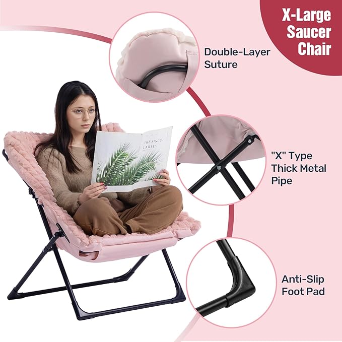 HollyHOME X-Large Saucer Chair, Comfy Oversized Folding Chair, Faux-Fur Reading Chair for Teens, Adults, Foldable Accent Lazy Chair, Metal Lounge Chair for Living Room, Bedroom, Dorm, Grid Pink
