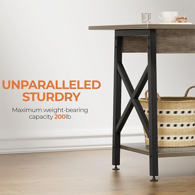 GreenForest End Table 24 inch for Living Room, Large Square Side Tables with X-Frame, Tall Industrial Bedside Nightstand with 2-Tier Storage, Gray Wash