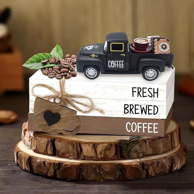 Coffee Decor for Coffee Bar Vintage Metal Truck with Mini Fake Books and Coffee Farmhouse Coffee Station Tabletop Coffee Ghost Sign Halloween Tiered Tray Decor Rustic Coffee Table Centerpiece, Black
