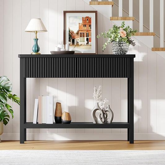 HOOBRO 39.3'' Console Table, Narrow Entryway Table with 2 Wavy Drawers, Sofa Table with 2 Tier Storage Shelf, Behind Couch Table, Display Stand, for Hallway, Entryway, Living Room, Black BK89XG01