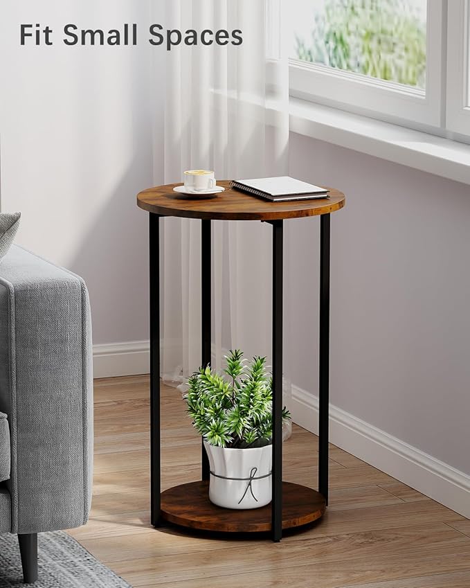 Round Side Table, Small End Table with Storage Shelf, Accent Table for Living Room, Bedroom and Small Spaces, Metal Frame, Rustic Brown & Black, 15.75" Dia x 25.4" H