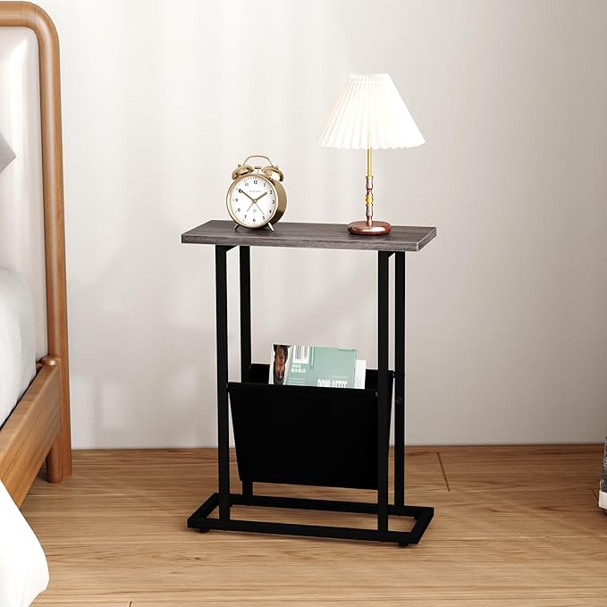 Yusong Narrow Side Table for Small Spaces, Small End Table with Magazine Holder, Skinny Slim Little Thin Table for Living Room, Bedroom, Sofa, Grey Oak