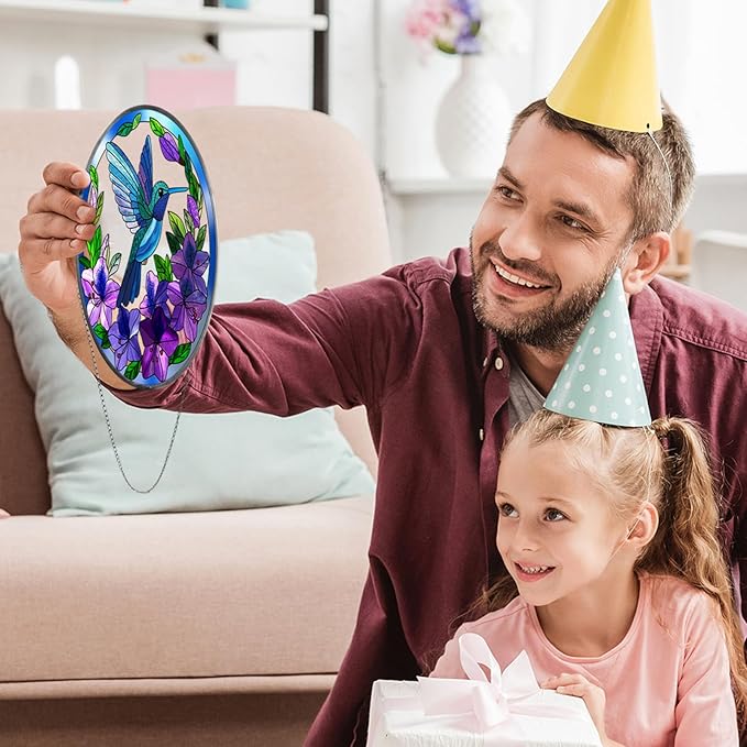 Stained Glass Sun Cather for Window Hanging, 6.3'' Hummingbird Suncatcher with Flowers for Indoor Ornament, Bird Stain Glass Home Decor for Women, Mother