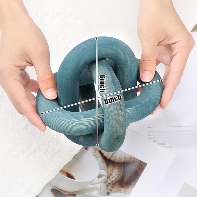 3 Link Wood Knot Decor - Hand Carved Coffee Table Decoration, Boho Chain Link Decor, Modern Shelf, Rustic Objects for Home Living Room Bedroom(Blue)