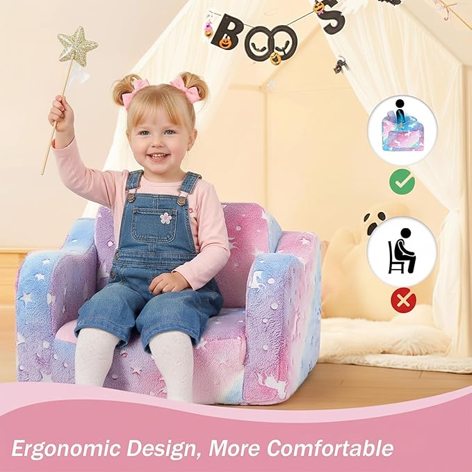 MeMoreCool Toddler Chair & Sofa Bed – Glow‑in‑The‑Dark Unicorn Design | Convertible Fold‑Out Plush Couch for Kids Ages 1‑5, Machine‑Washable Cover, Ideal for Playroom, Naps, Travel