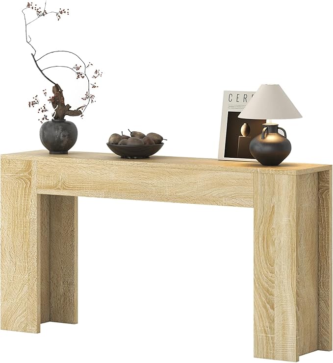 63-Inch Long Console Table with LED Light, Farmhouse Sofa Table Behind Couch, Wooden Console Table for Entryway Hallway Entrance Living Room, Nature