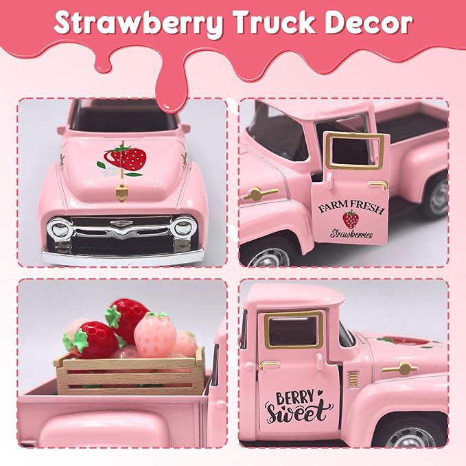 Strawberry Decor 5 Inch Vintage Truck with Mini Fake Strawberries and Wooden Crate Farmhouse Tiered Tray Decor Berry Sweet Summer Kitchen Centerpieces for Tables Strawberry Shortcake Decorations
