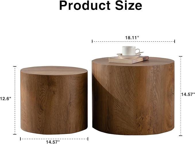Nesting Coffee Table Set of 2, Modern Round Wooden Circle Accent Coffee Tables for Small Spaces Living Room Bedroom Balcony Office Drum Side Table