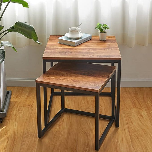 DIMAR GARDEN 2 Set Wood Nesting Coffee Tables,Side Table for Living Room,Steel Frame