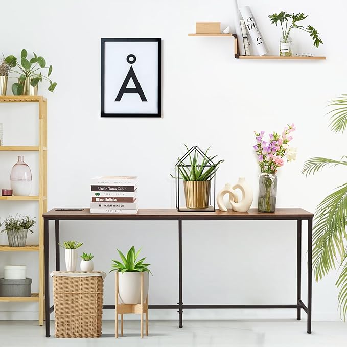 63 Inch Sofa Table，Narrow Console Table with Power Outlet，Slim Entryway Table for Living Room,Hallway,Bedroom(Rustic Brown)