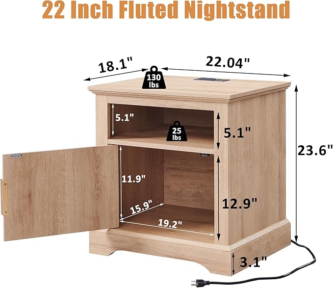 Fluted Nightstand Set of 2, 22" Large Modern Side Table with Charging Station, Wood End Table w/Open Shelf, Bedside Table with Storage Space for Bedroom, Living Room (Natural)