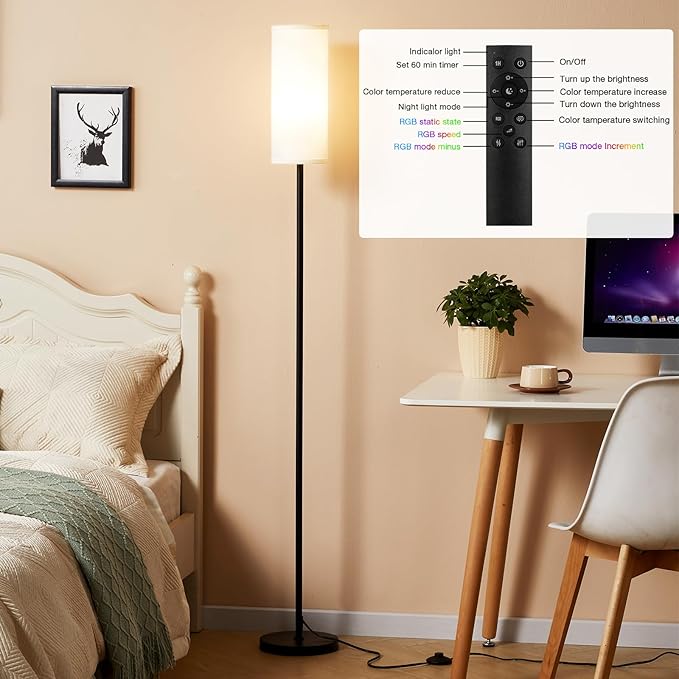 Ambimall 64'' Floor Lamps for Living Room with Remote Control and RGB + Stepless Dimmable Colors Temperature & Brightness, 9W Smart Bulb Included(White Shade & Black Pole)